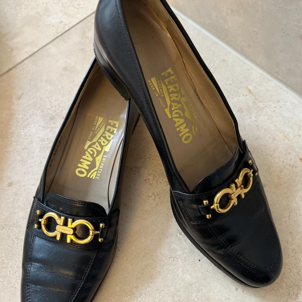 Salvatore Ferragamo Black Leather Loafers with Emblem, EU size 37